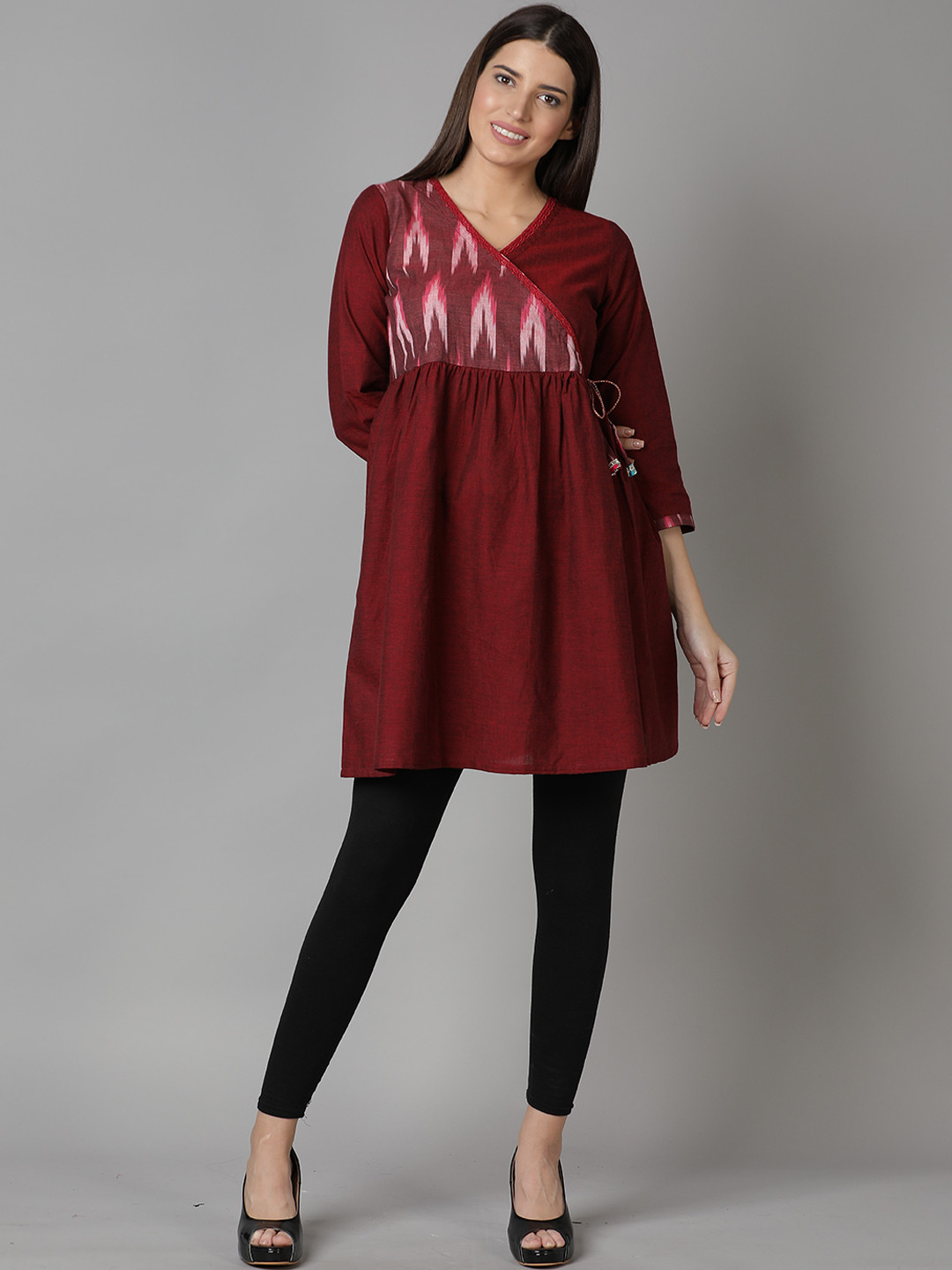 Cot'N Soft Women Maroon Ikat Yoke Design Pure Cotton Angrakha Kurta