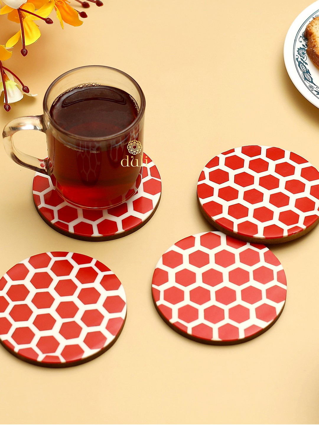DULI Set of 4 White & Red Printed Wood Round Coasters