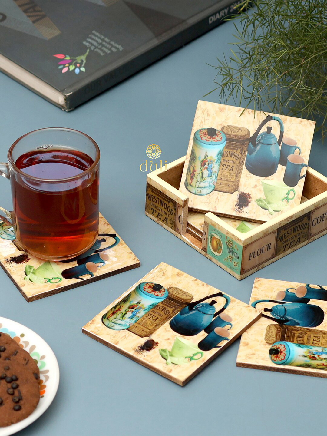 DULI Set of 6 Beige Enamelled Wood Coasters