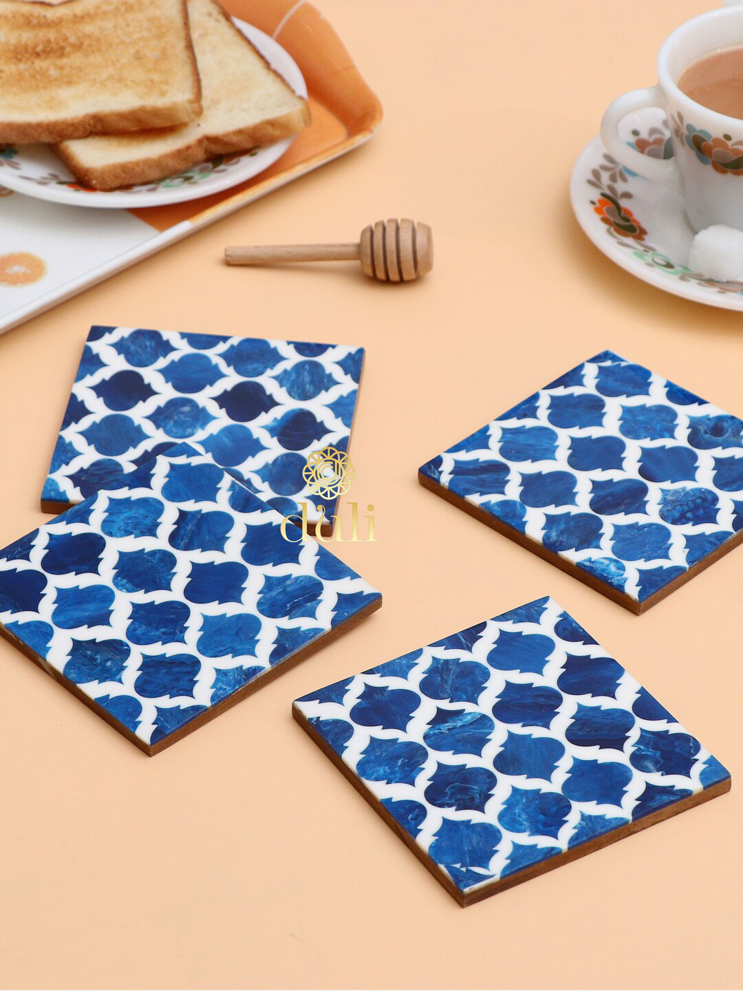 DULI Set Of 4 Blue Printed Wood Coasters