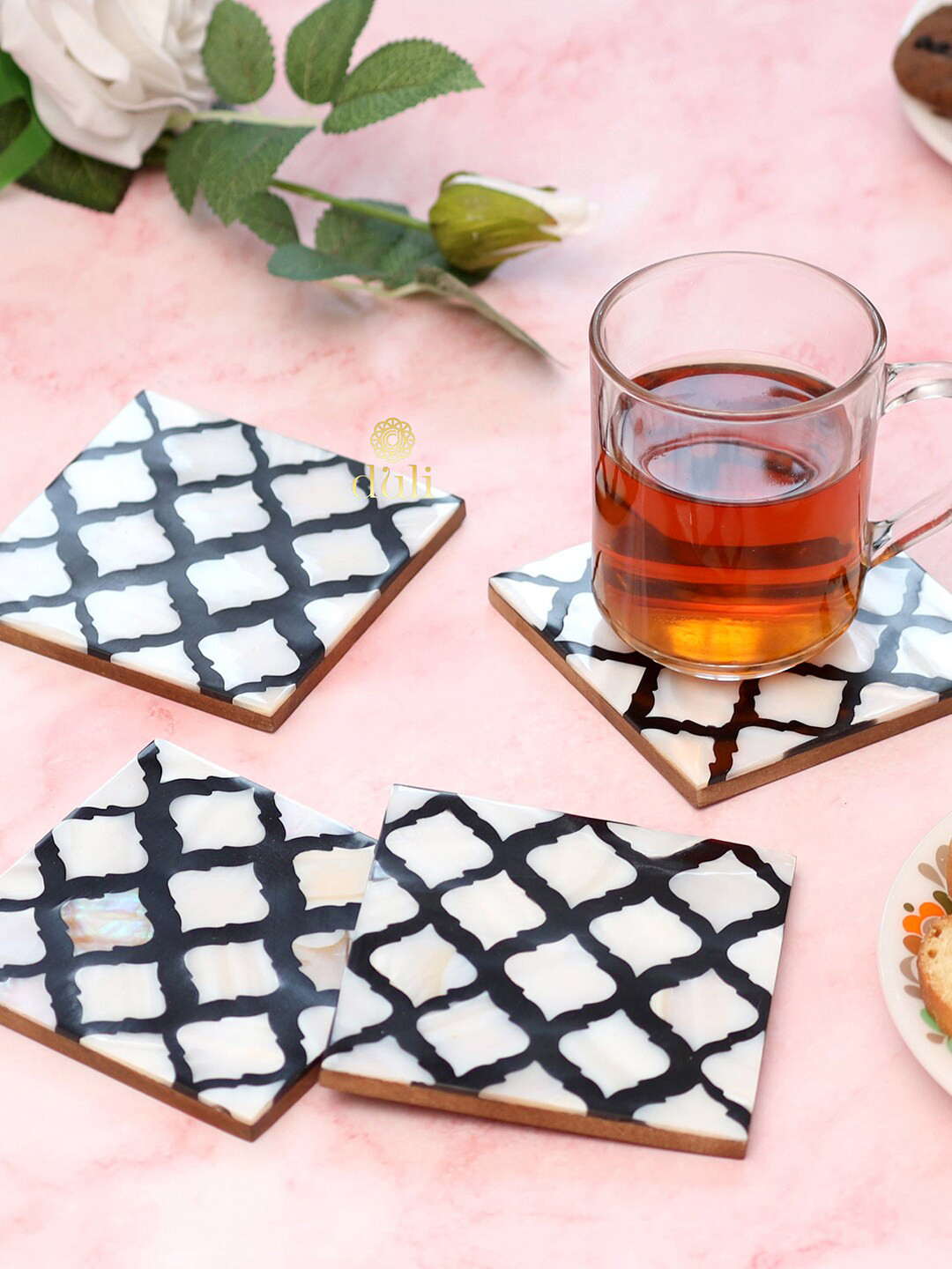 DULI Set of 4 Off White and Black Printed MDF Wood Coasters