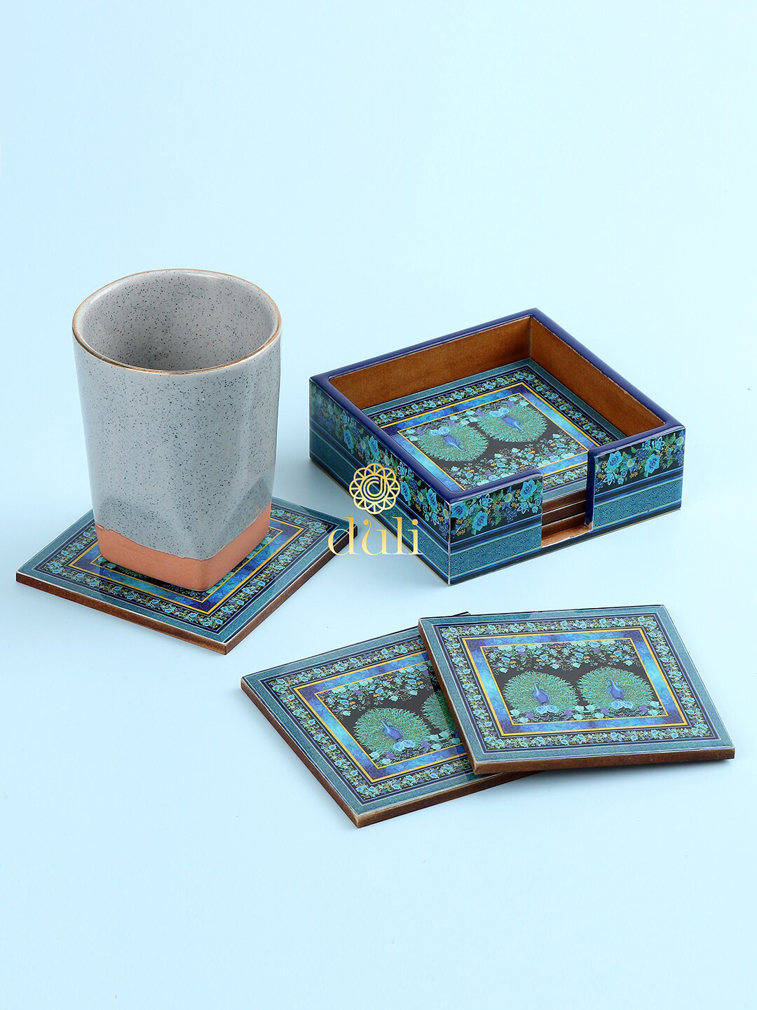 DULI Set of 6 Blue Peacock Printed Wooden Coasters With Case