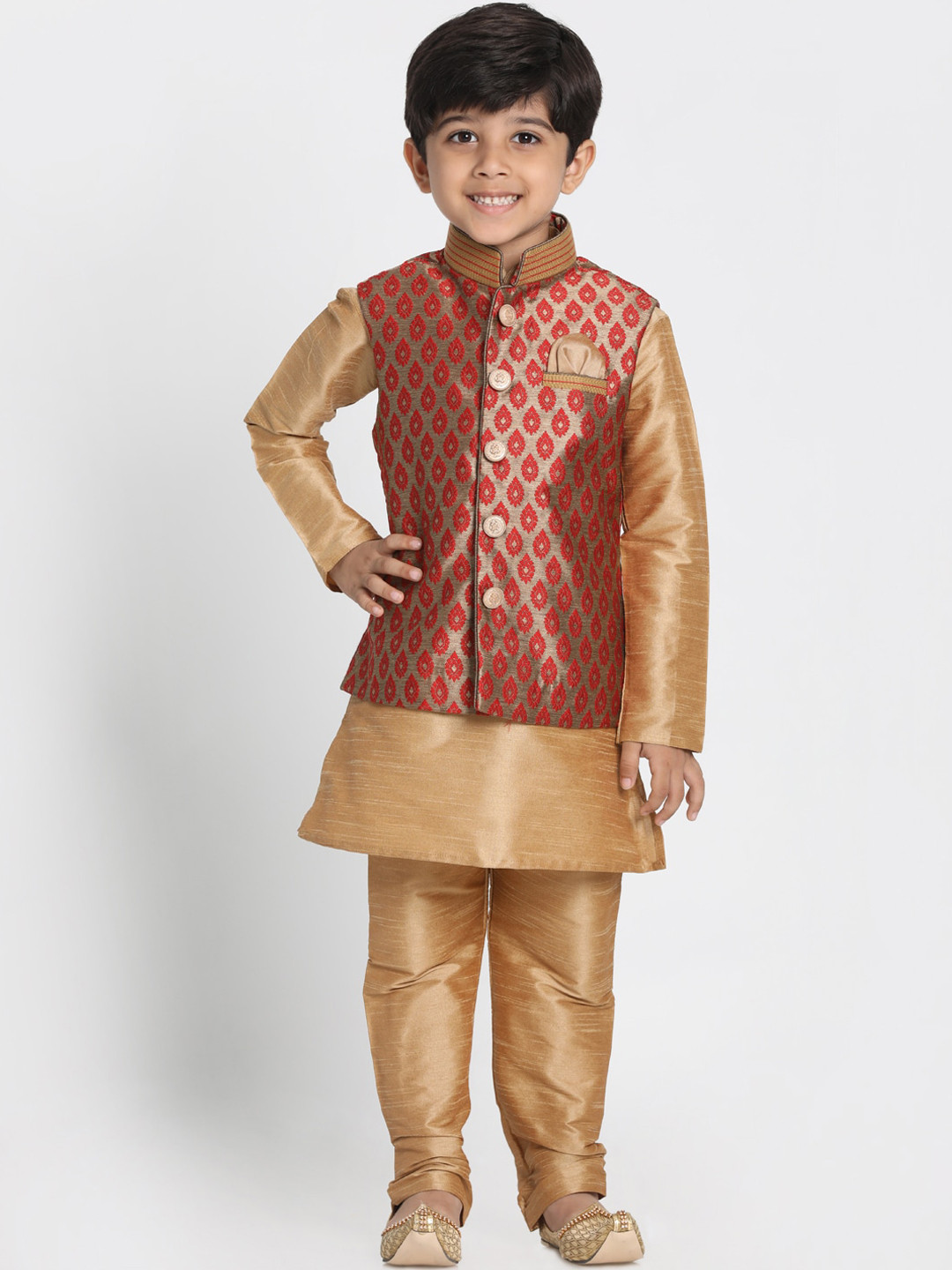 VASTRAMAY Boys Rose Gold Layered Kurti with Pyjamas