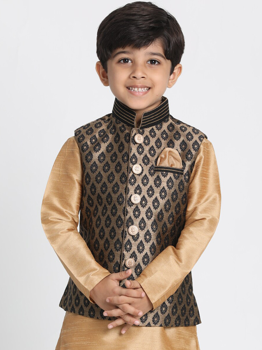 VASTRAMAY Boys Black & Gold Colored Woven Design Nehru Jackets
