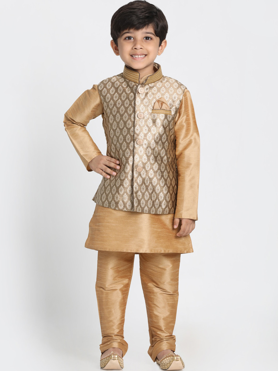 VASTRAMAY Boys Rose Gold Ethnic Motifs Layered Kurti with Trousers
