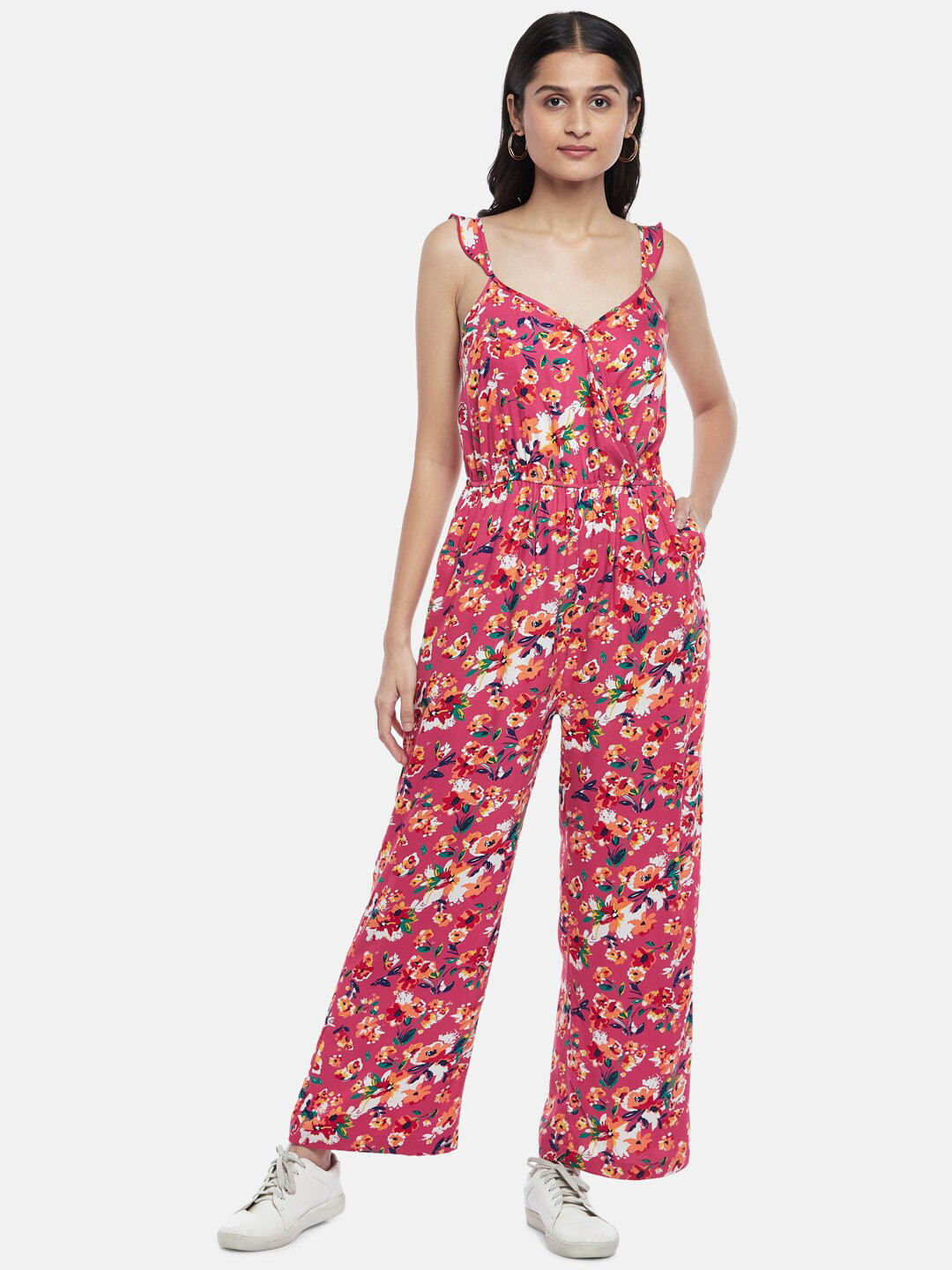 People Pink & Green Floral Printed Basic Jumpsuit