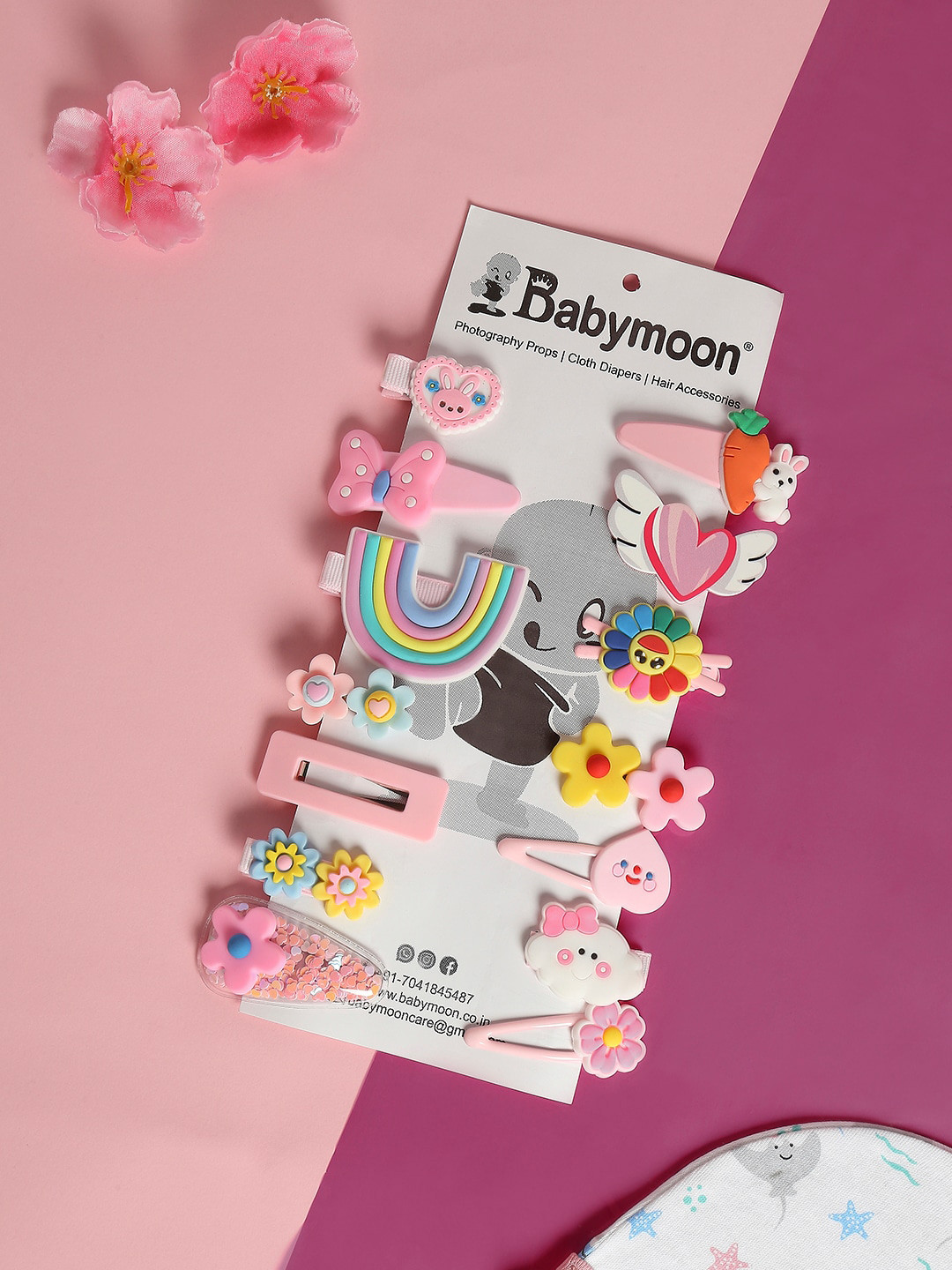 Babymoon Girls Set Of 14 Pink & Yellow Unicorn Hair Clips