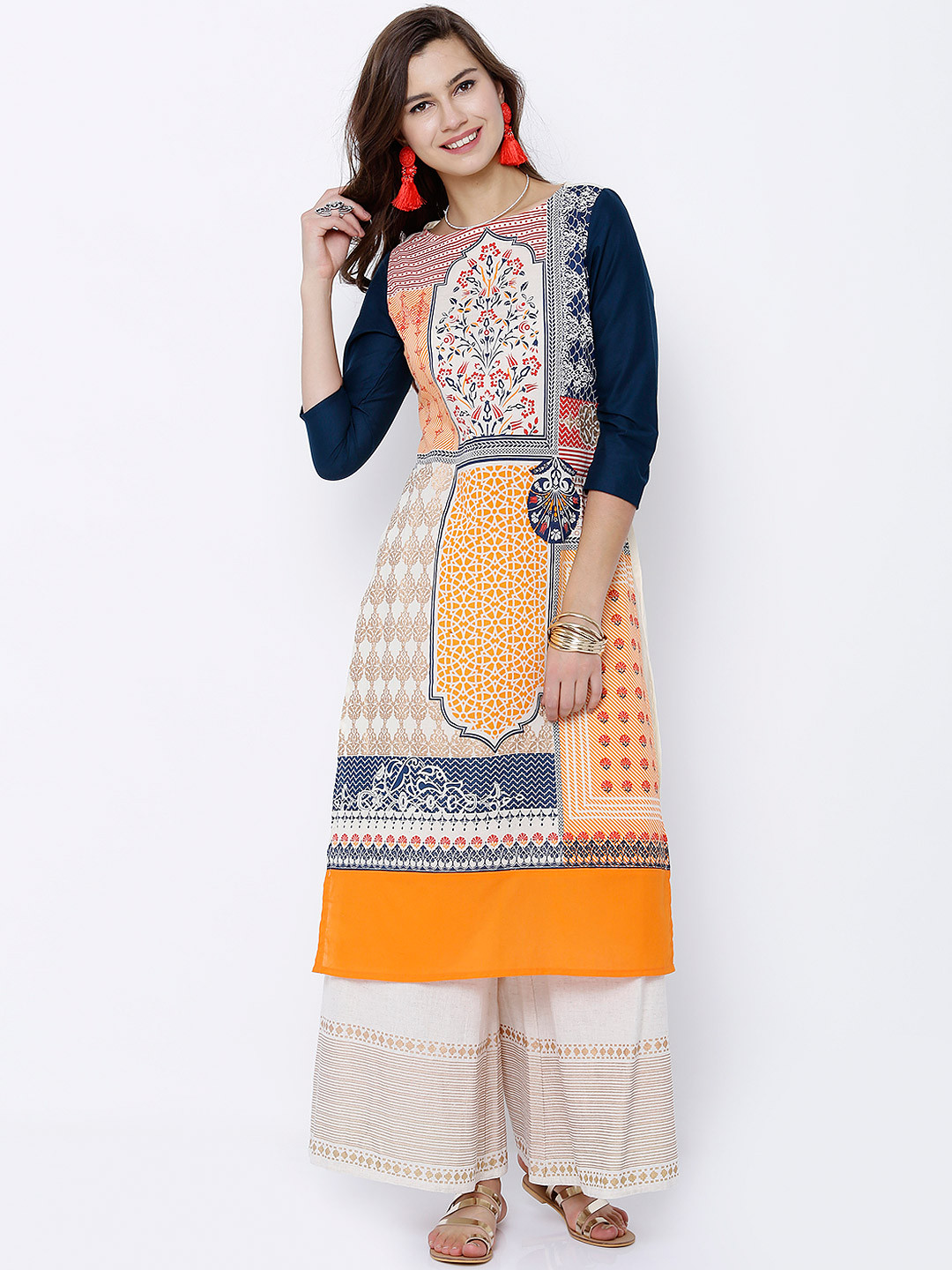 Vishudh Women Cream-Coloured & Orange Printed Straight Kurta