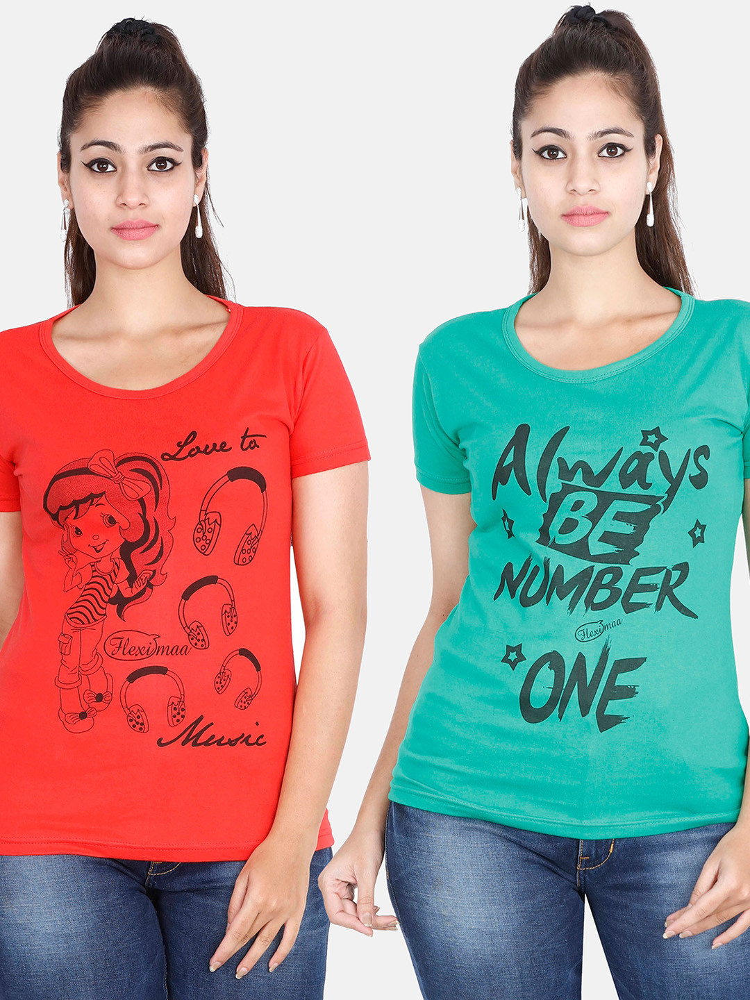 Fleximaa Women Teal & Red Pack Of 2 Printed Cotton T-shirt