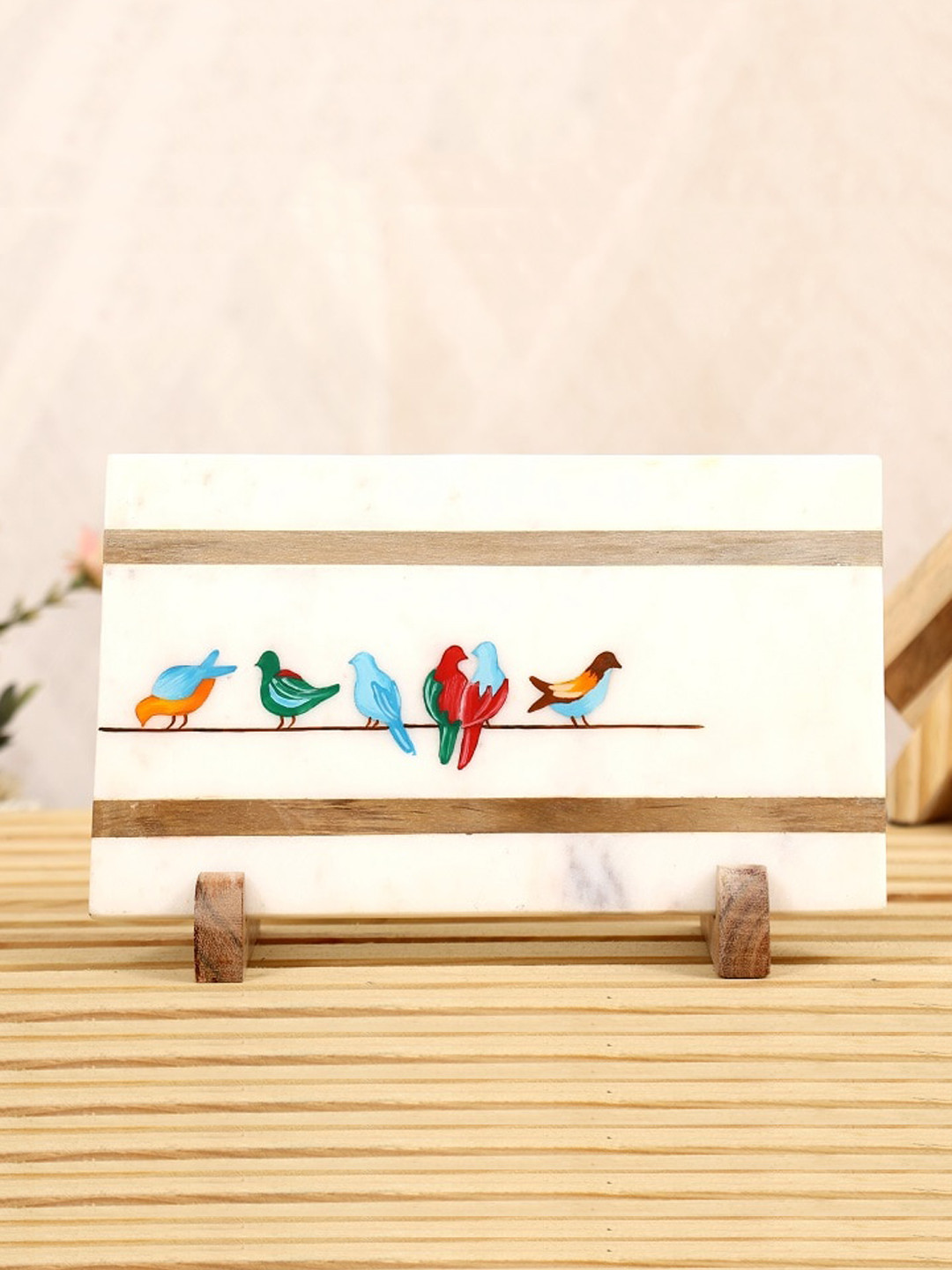 POSH-N-PLUSH Happy Birdies White Marble Glossy Living Room Medium Showpiece - 6 Inches