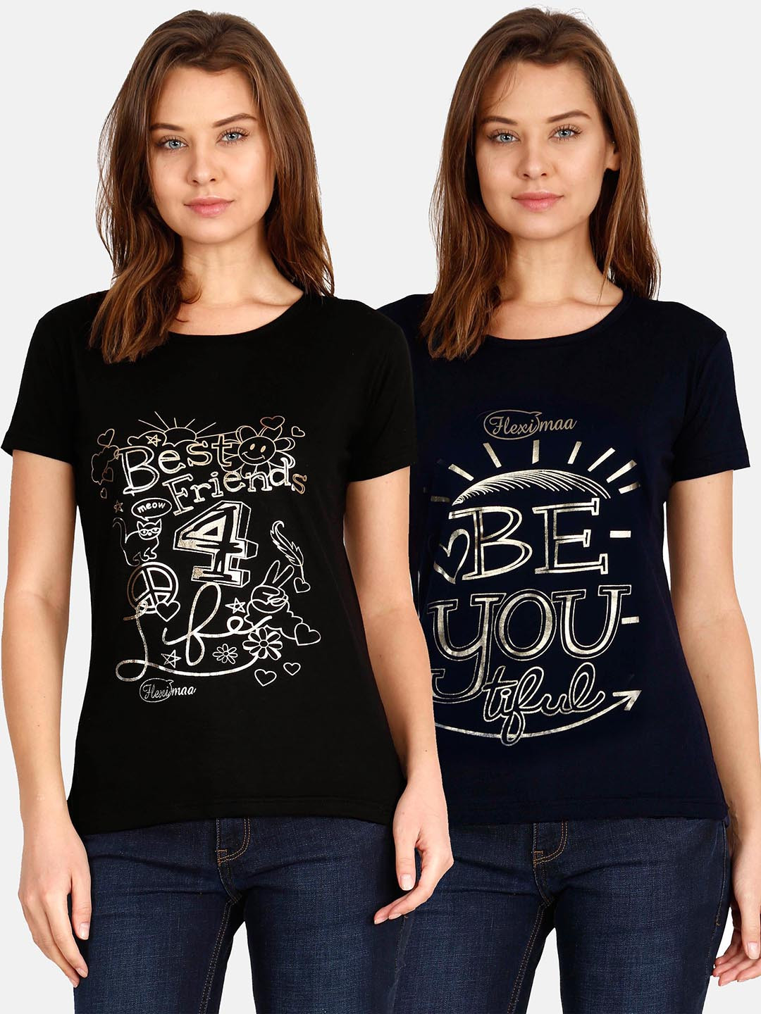 Fleximaa Women Navy Blue & Black Pack Of 2 Printed T-shirt