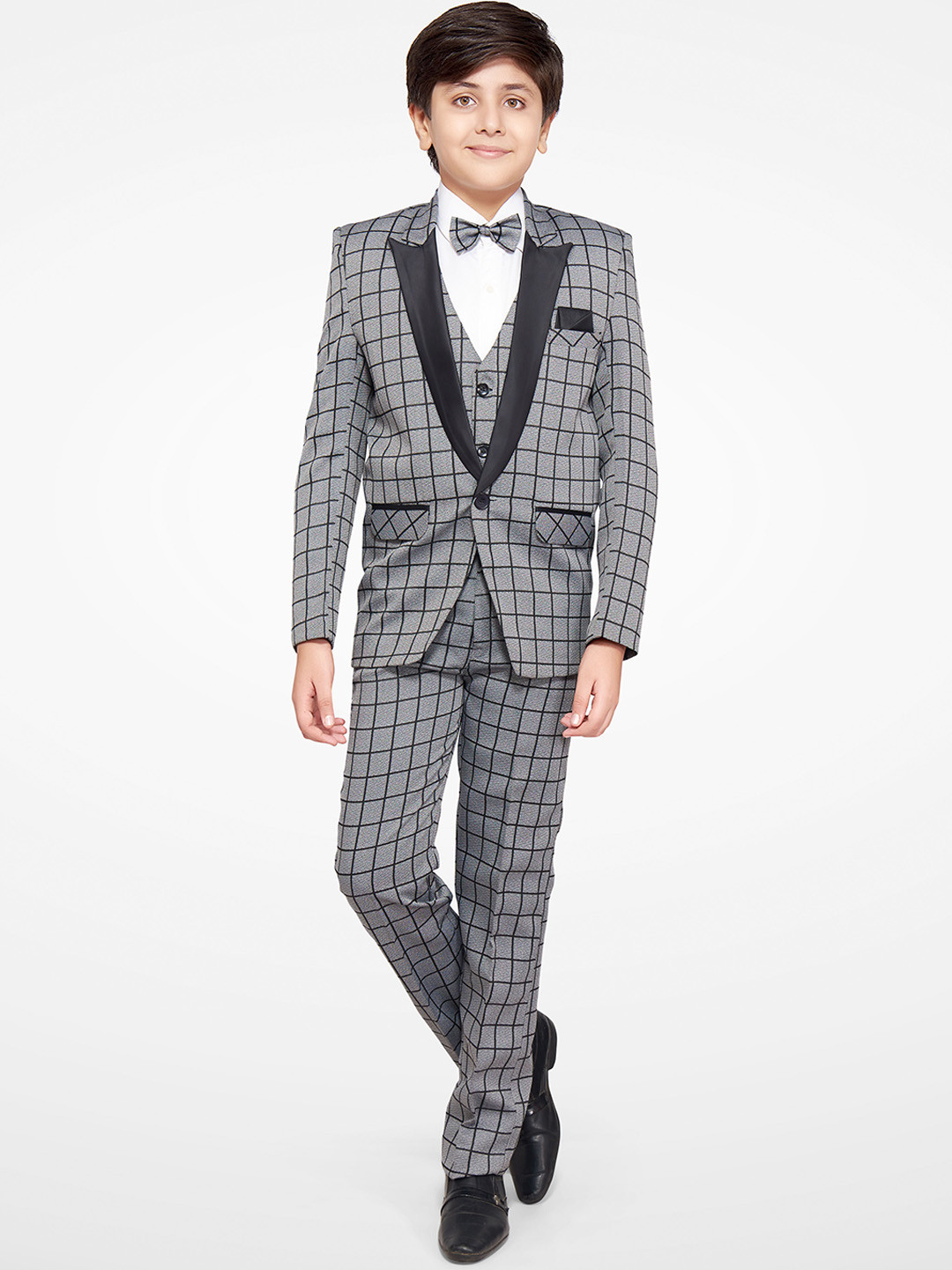 Jeetethnics Boys Grey Checked Suit with Waistcoat & Shirt