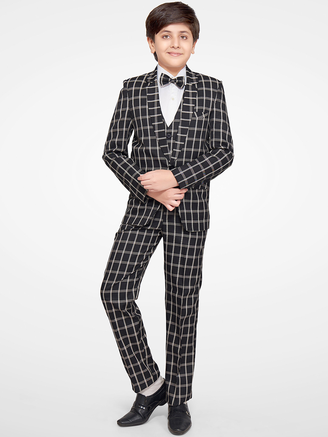 Jeetethnics Boys Black Checked Suit with Waistcoat & Shirt