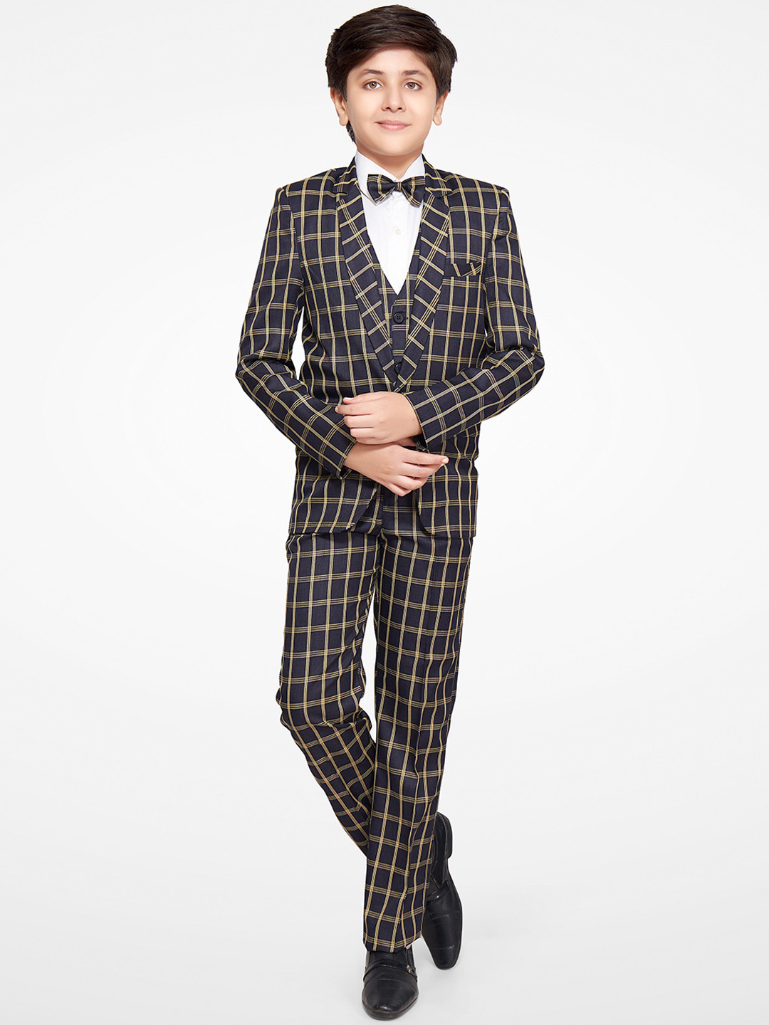 Jeetethnics Boys Black and Beige Checked Single-Breasted 4-Piece Suit