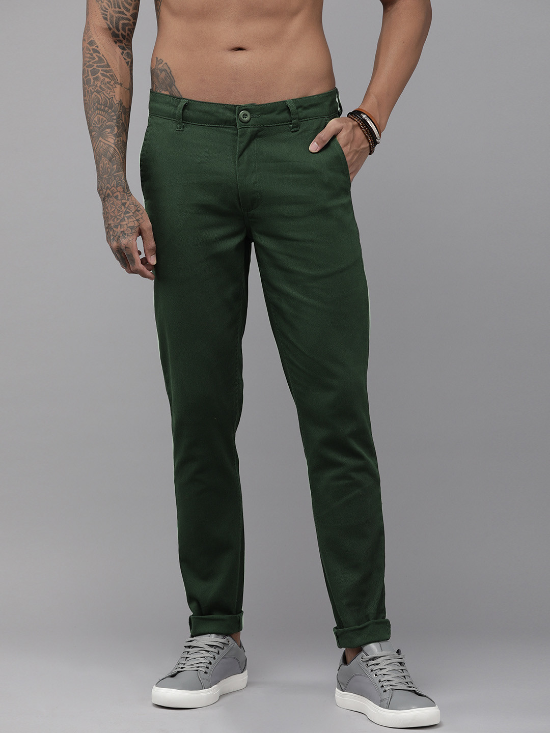 Roadster Men Green Slim Tapered Fit Trousers