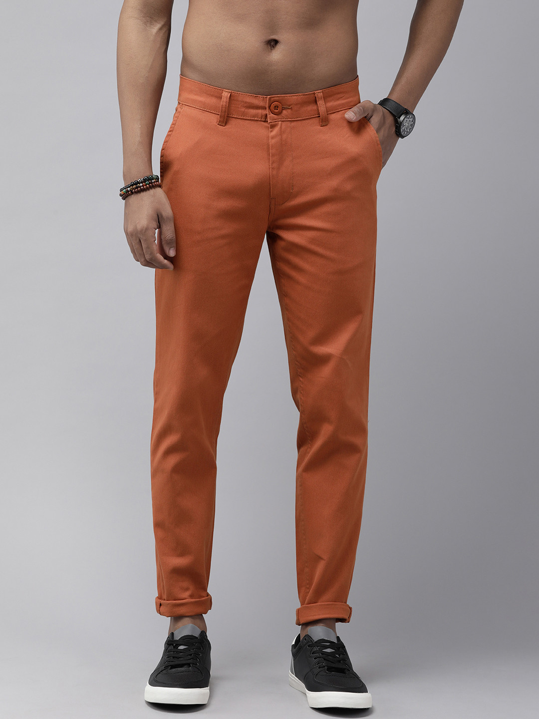 Roadster Men Orange Straight Fit Solid Trousers