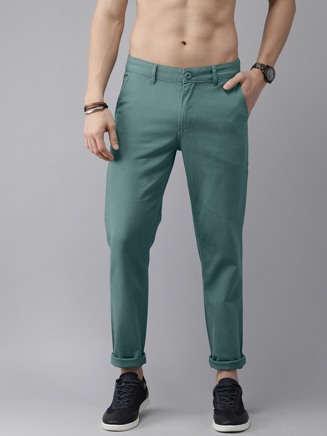 Roadster Men Teal Blue Solid Regular Trousers