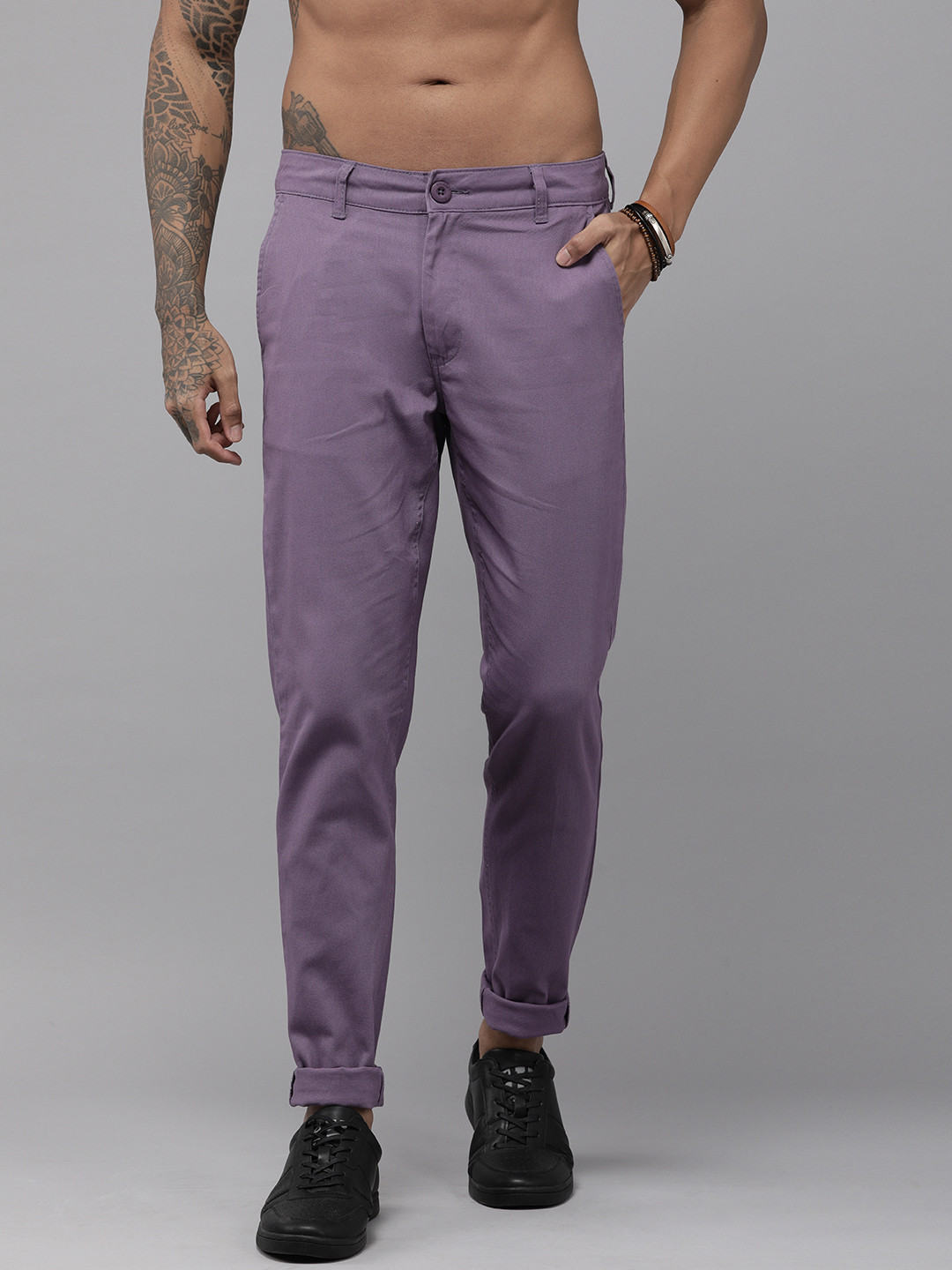 The Roadster Lifestyle Co. Men Purple Solid Slim Fit Trousers