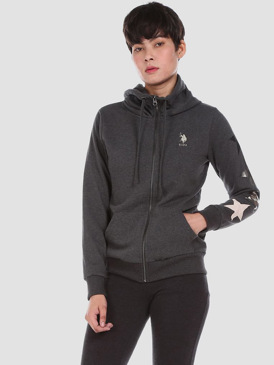 U.S. Polo Assn. Women Grey Foil Printed Hooded Front-Open Sweatshirt