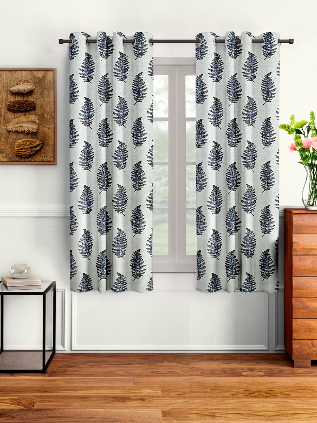 Cortina Grey & Blue Set of 2 Floral Window Curtains