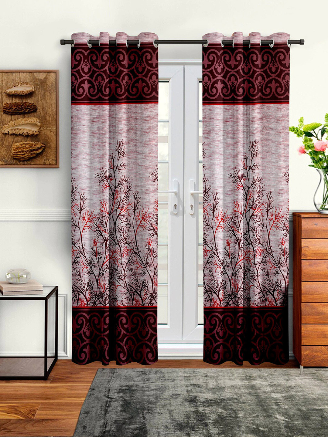 Cortina Pink & Maroon Set of 2 Floral Door Curtains