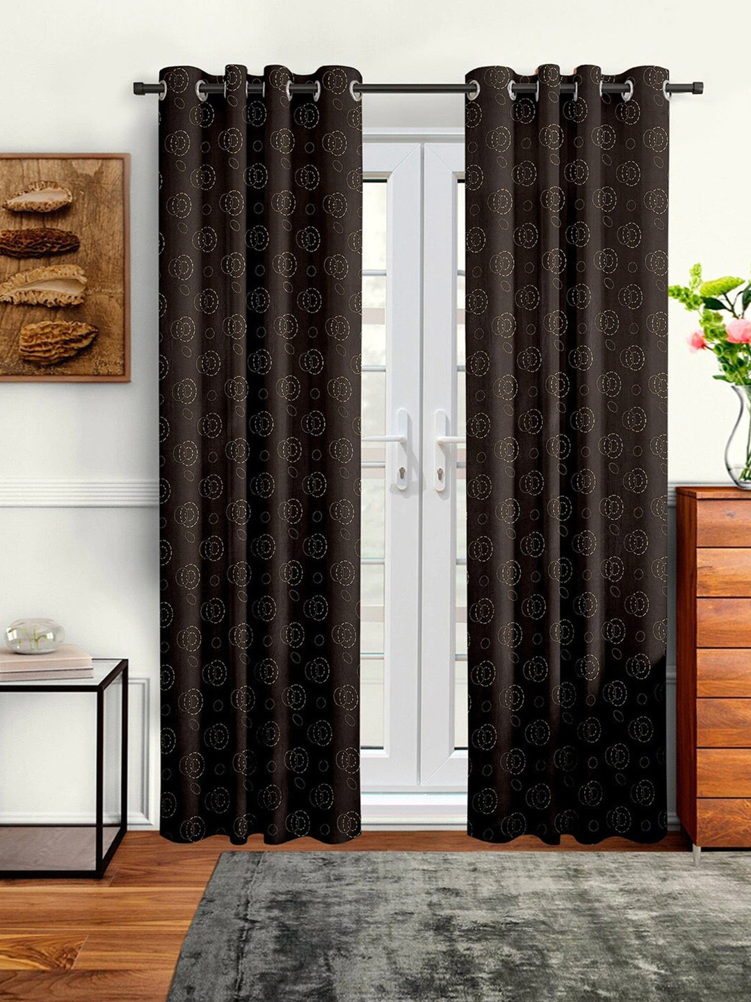 Cortina Brown & Gold-Toned Set of 2 Geometric Long Door Curtain