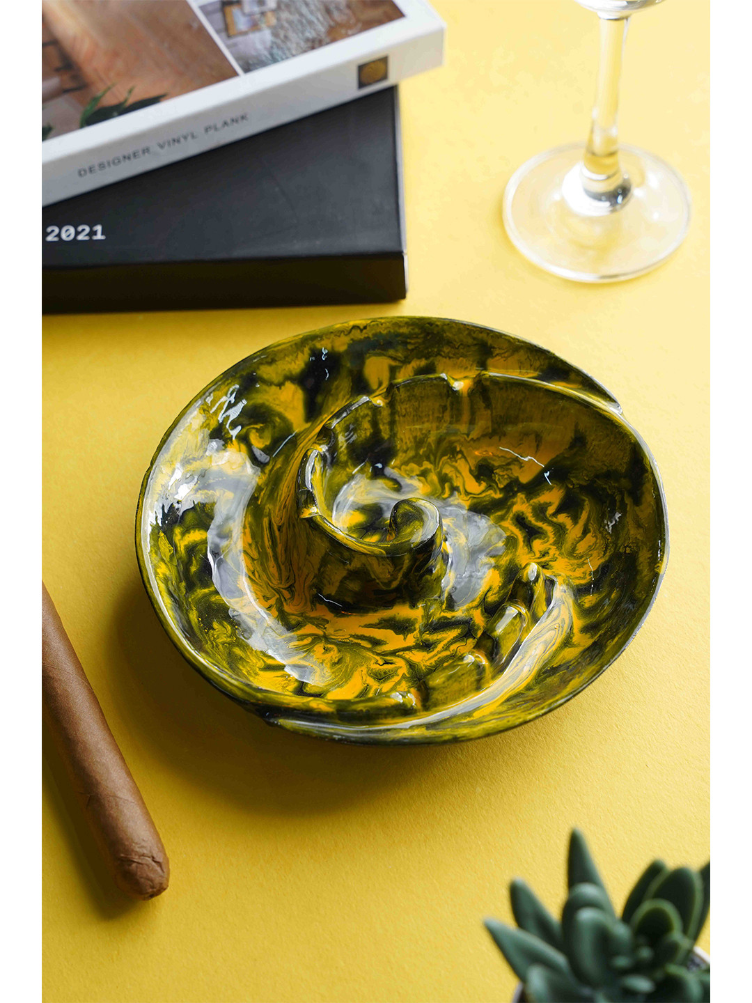 Folkstorys Yellow Printed Metal Ashtray