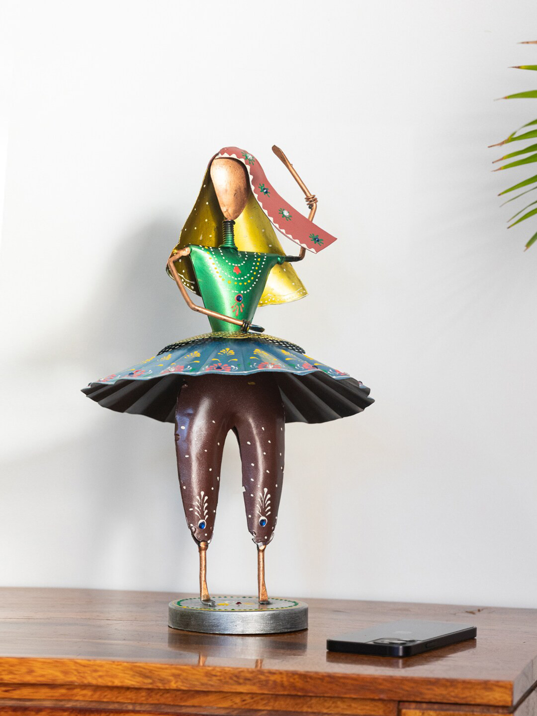 ExclusiveLane Rajasthani Kalbeliya Folk Dancing Girl Green Iron Metallic Living Room Small Showpiece - 14.3 Inches