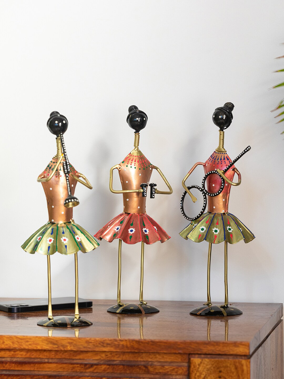 ExclusiveLane Rajasthani Tribal Lady Musicians Red Iron Metallic Living Room Music Set of 3 Medium Showpieces - 6.7 Inches