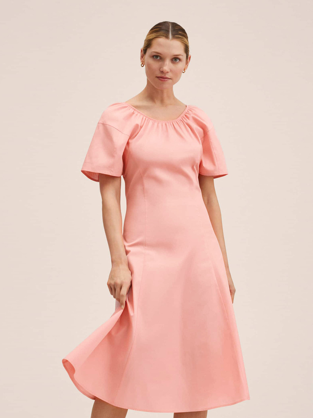 MANGO Pink Solid Cotton A-Line Midi Dress