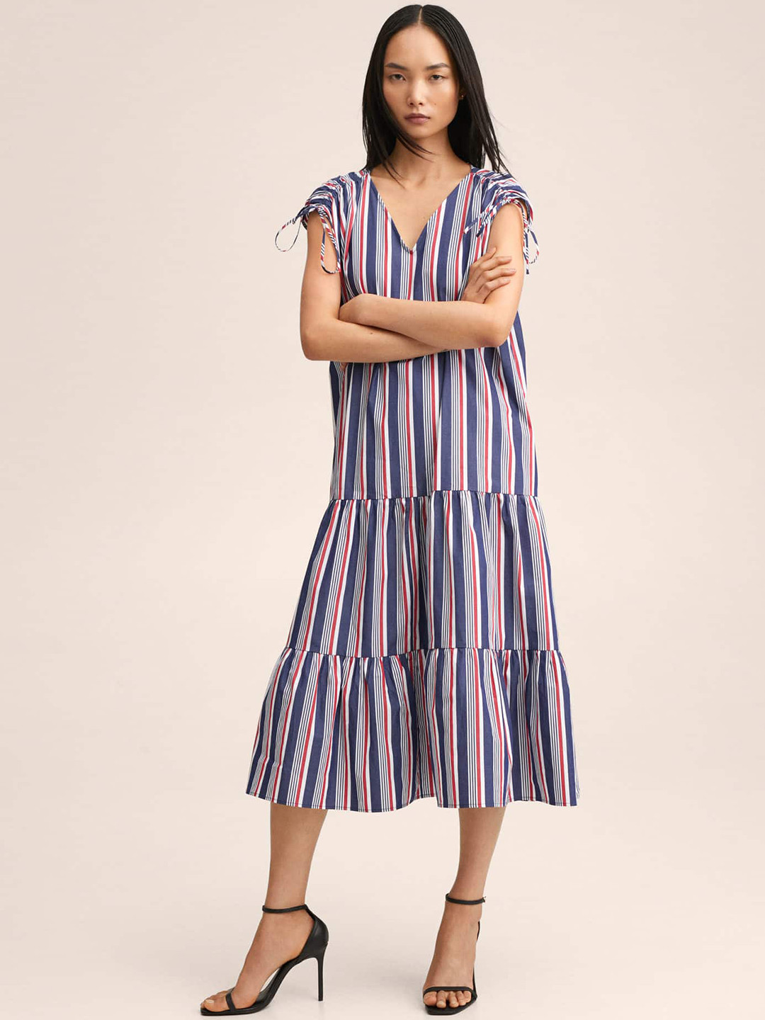 MANGO Navy Blue & White Striped Cotton A-Line Midi Dress