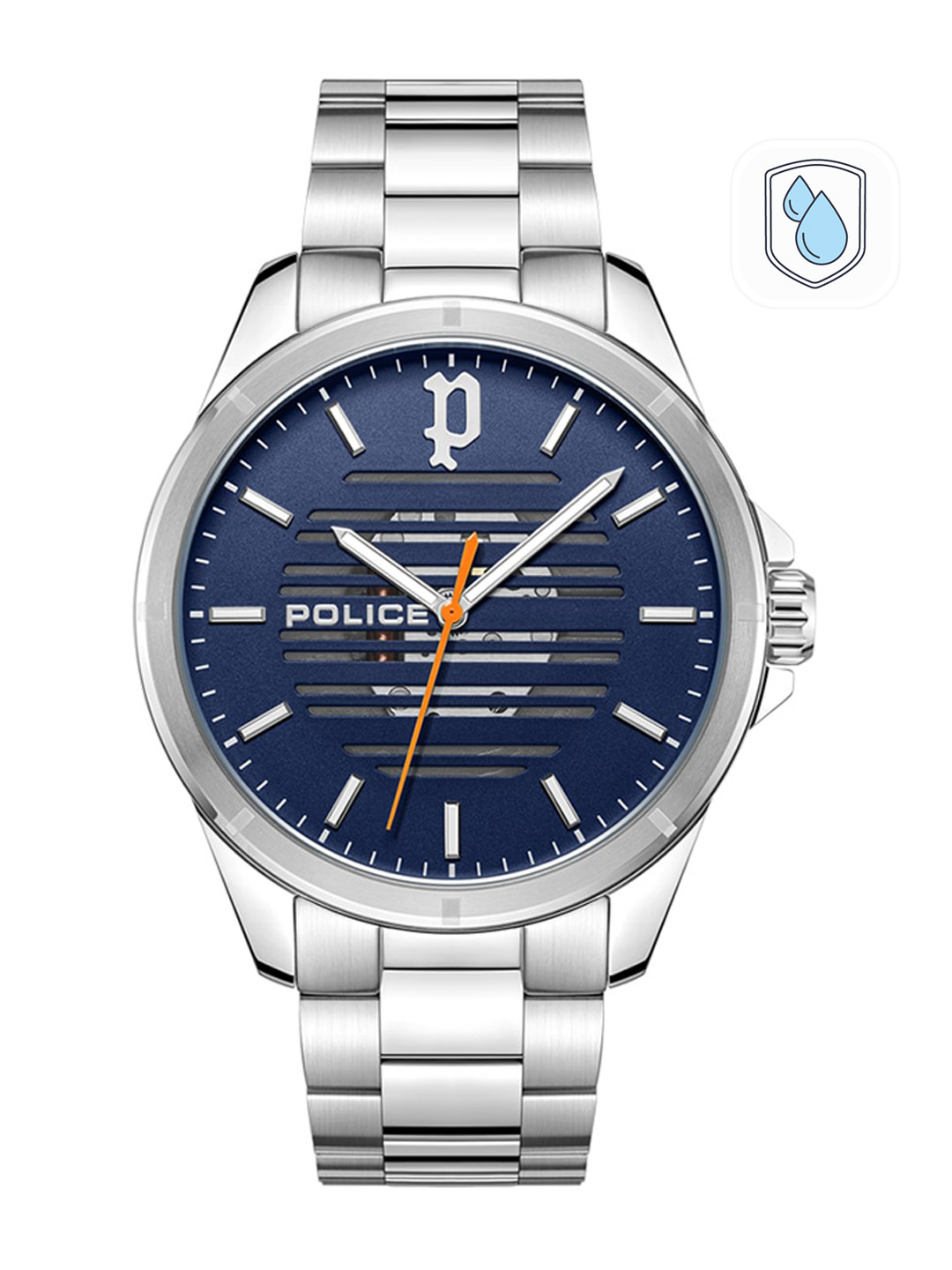 Police Men Blue Dial & Silver Toned Stainless Steel Bracelet Style Straps Analogue Watch