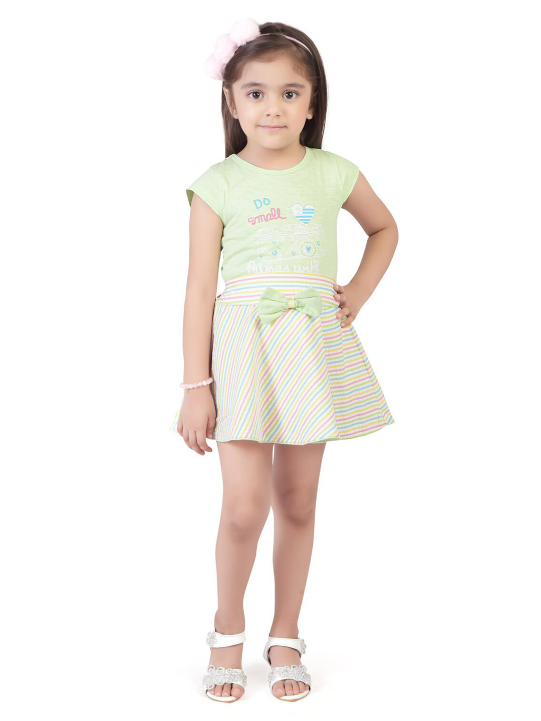 Tiny Girl Girls Green & White Printed Pure Cotton T-shirt with Skirt