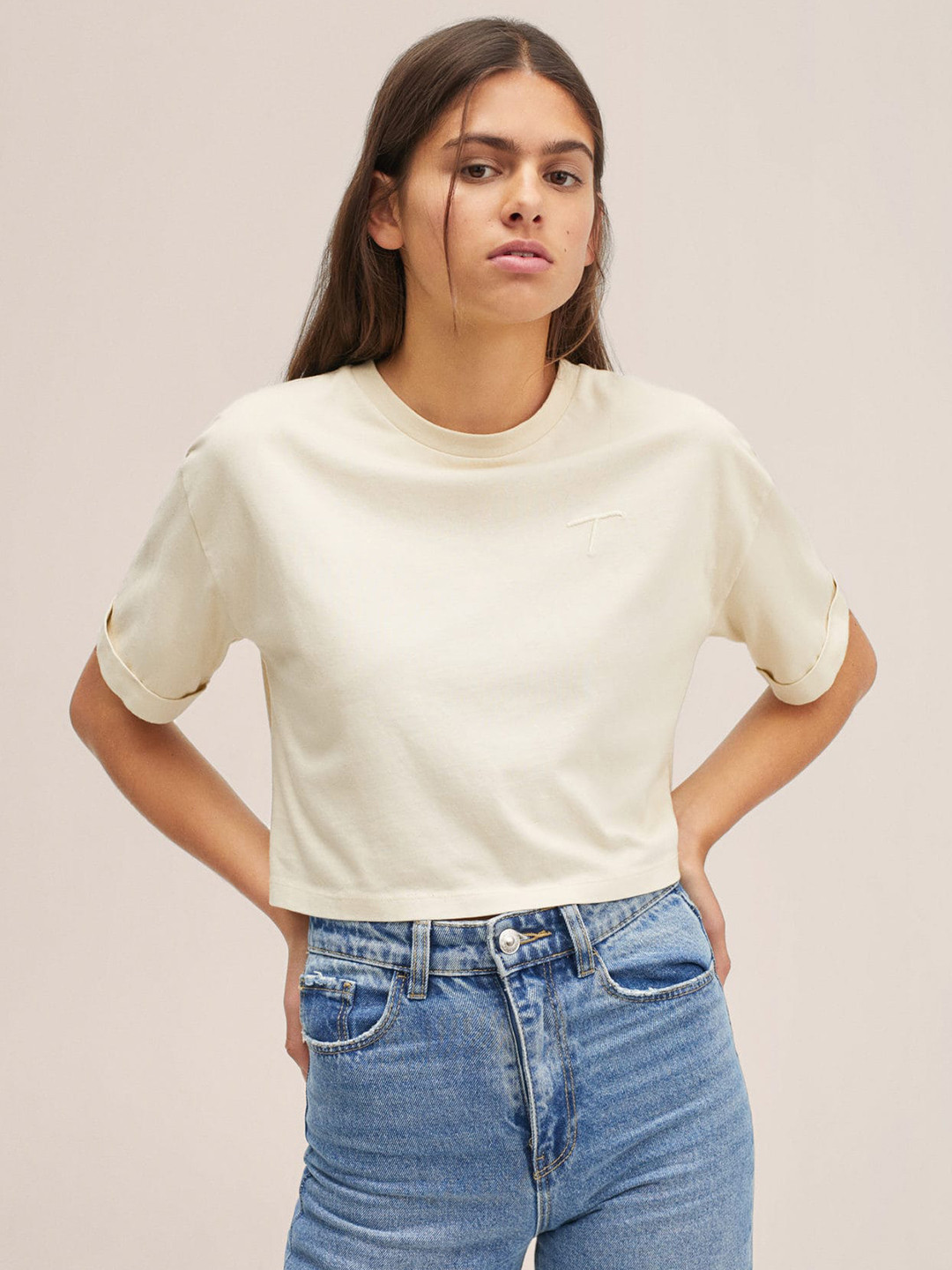 Mango Kids Girls Off-White Solid Drop-Shoulder Sleeves Cotton T-shirt