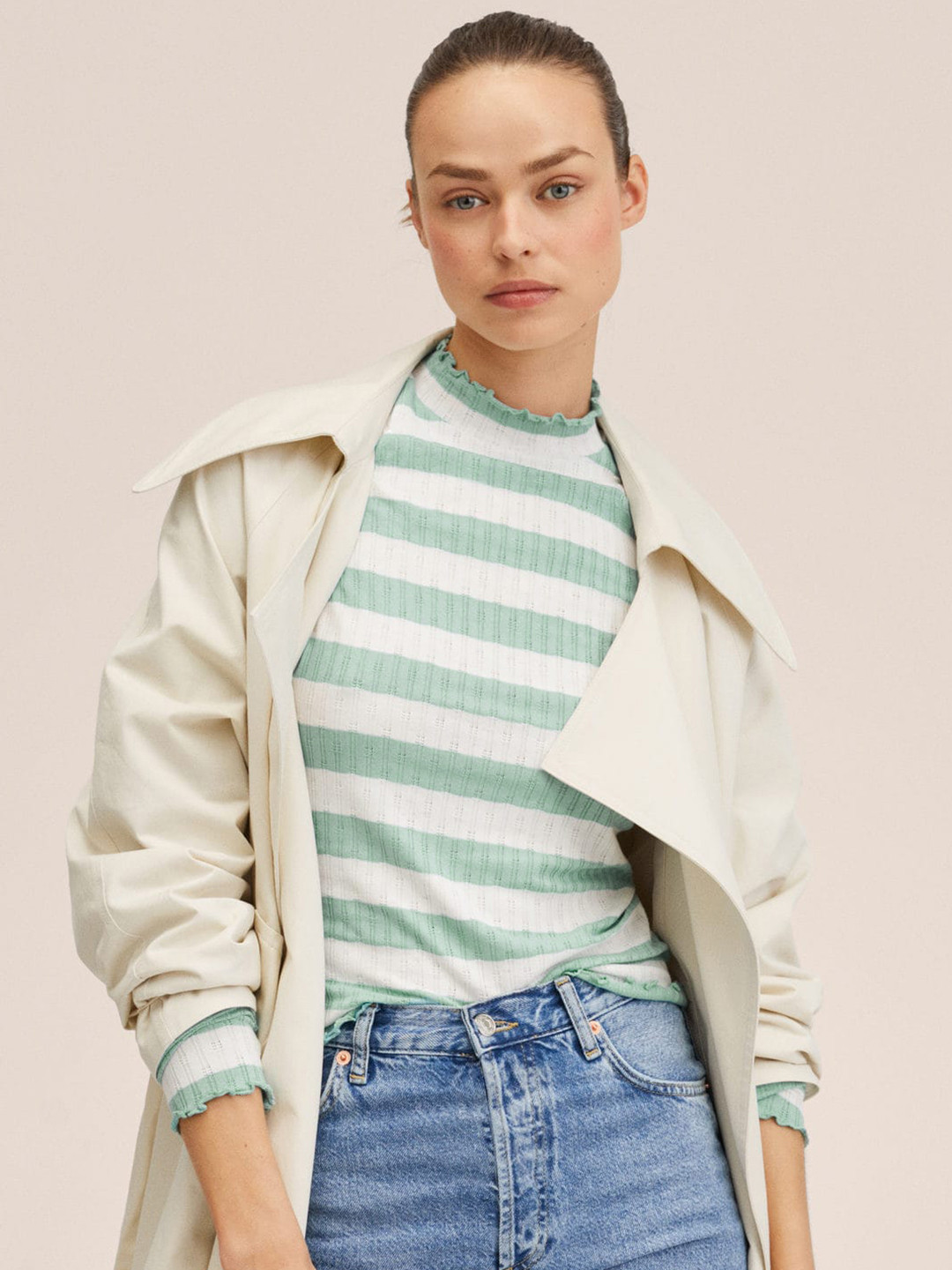 MANGO Women Blue & White Striped T-shirt