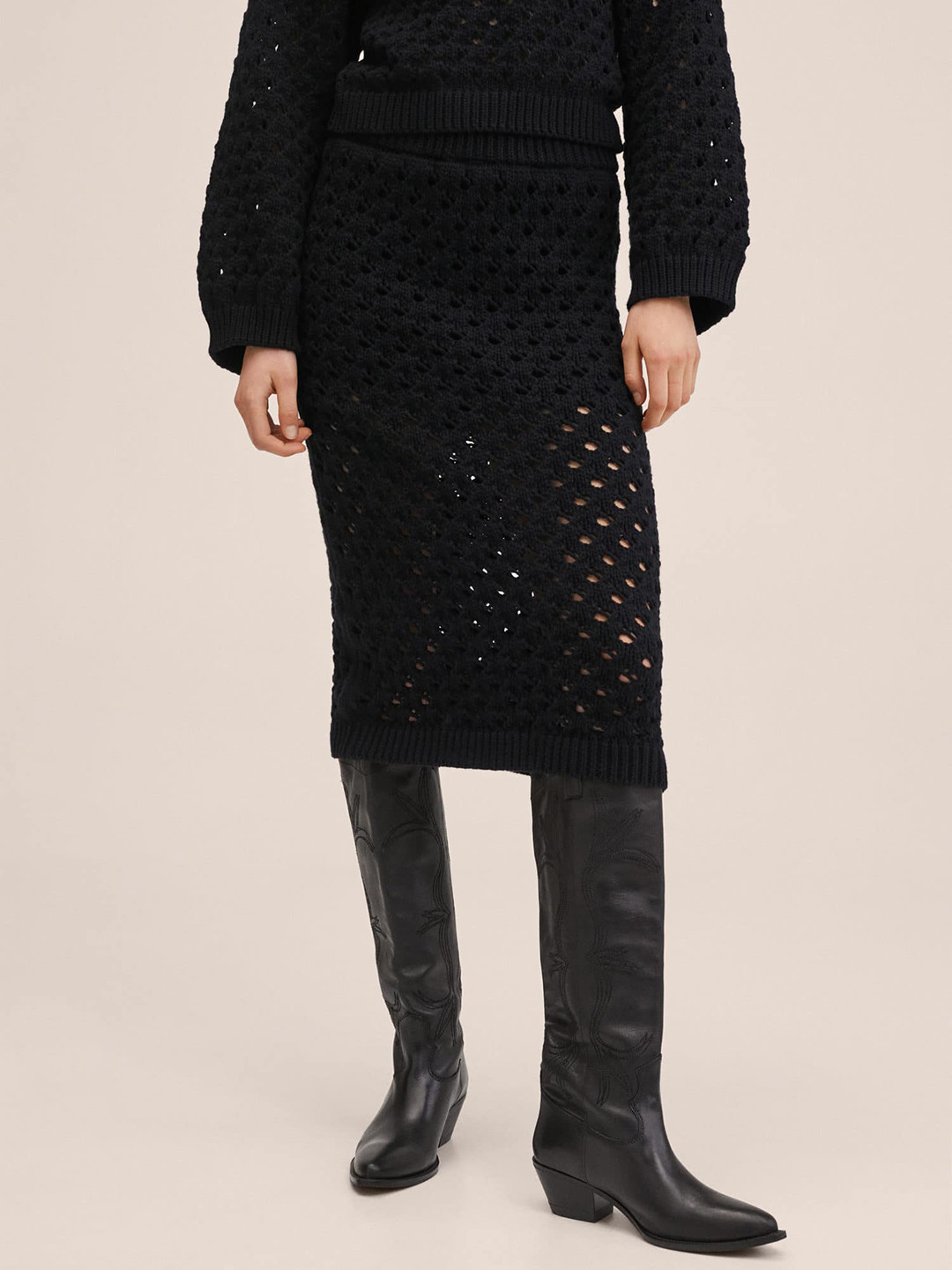 MANGO Women Black Straight Openwork Knitted Midi Skirt