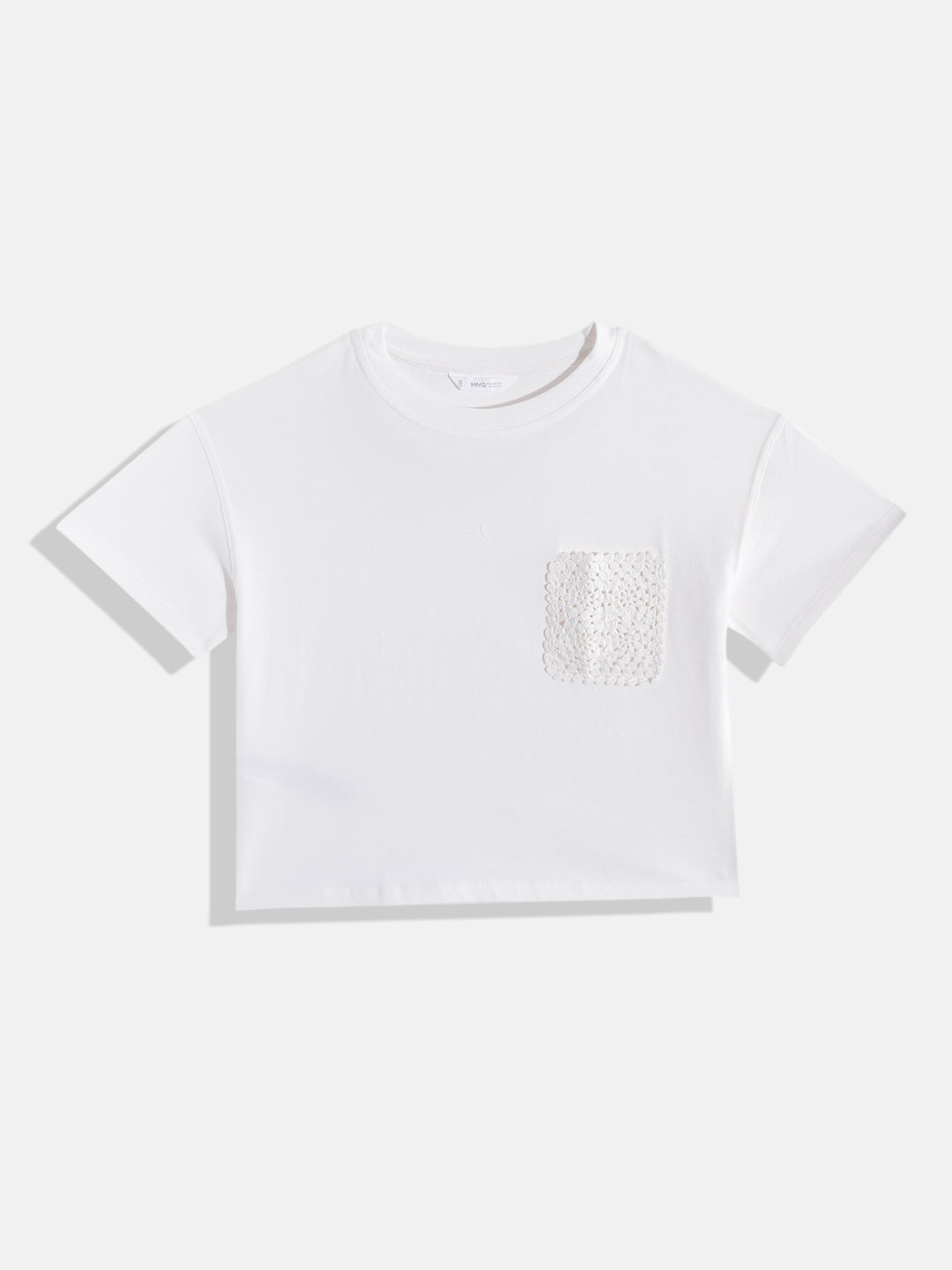 Mango Kids Girls White Solid Cotton T-shirt with Crochet Patch Pocket
