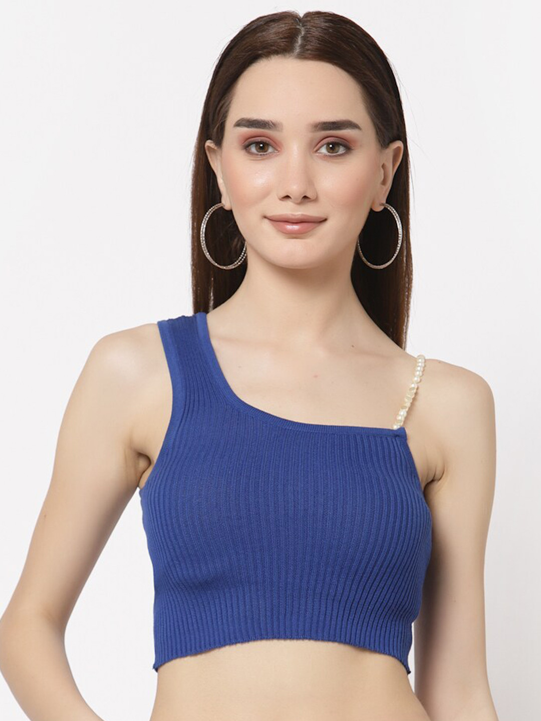 Miramor Blue One Shoulder Pears Embellished Crop Top