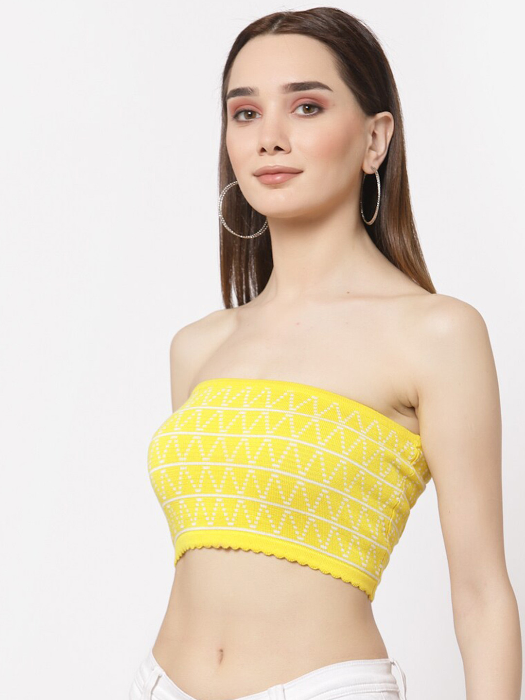 Miramor Women Yellow Geometric Print Tube Crop Top