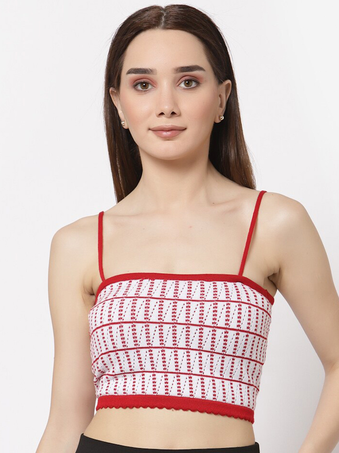 Miramor White & Red Fitted Knitted Crop Top