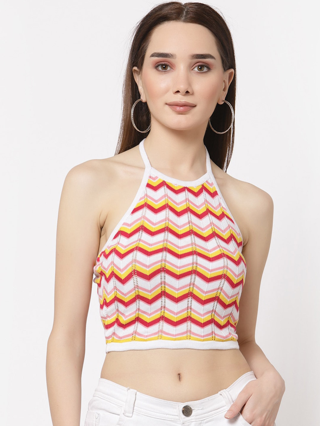 Miramor White & Red Geometric Print Halter Neck Styled Back Crop Top