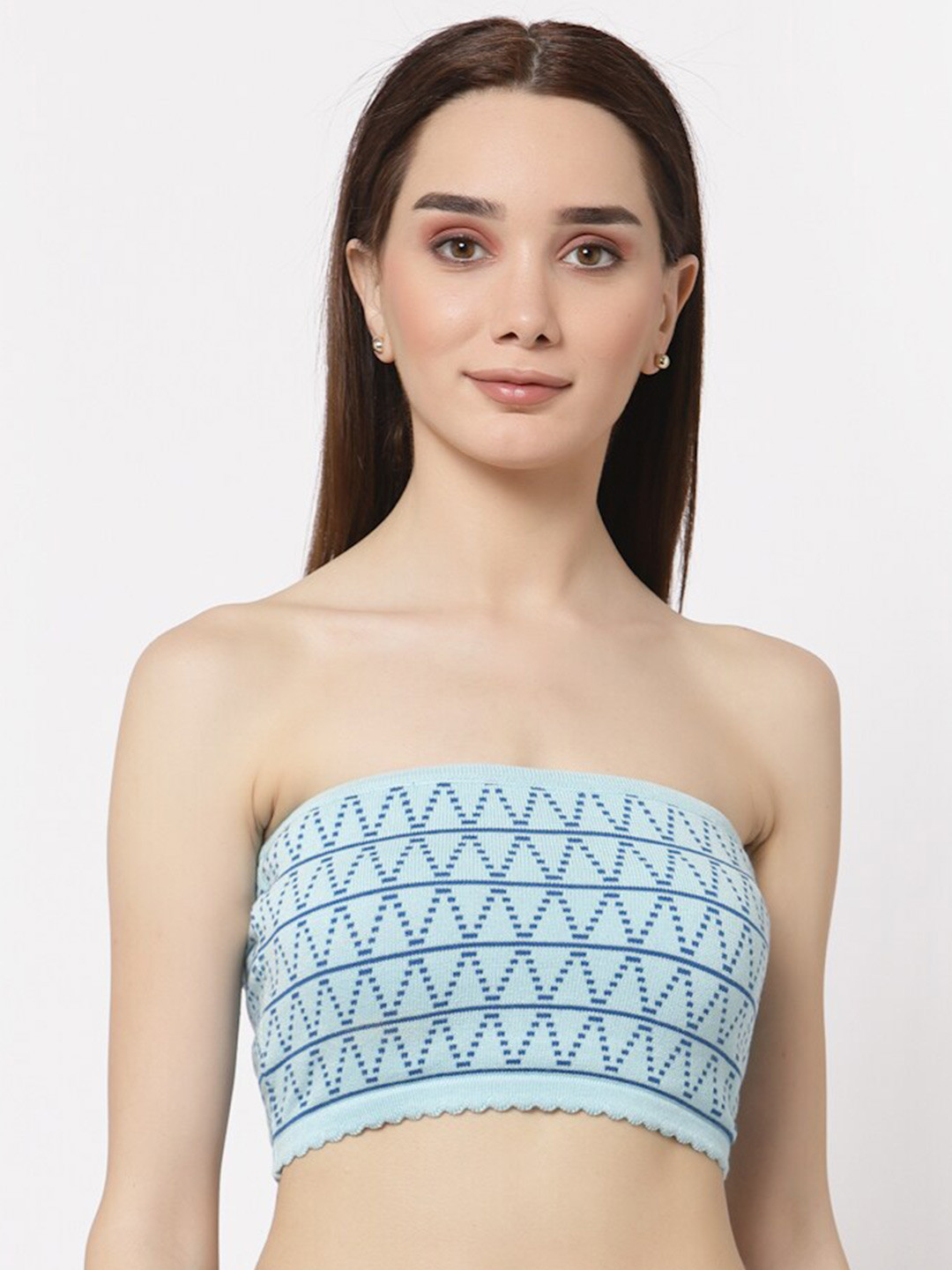 Miramor Women Blue Geometric Print Tube Crop Top