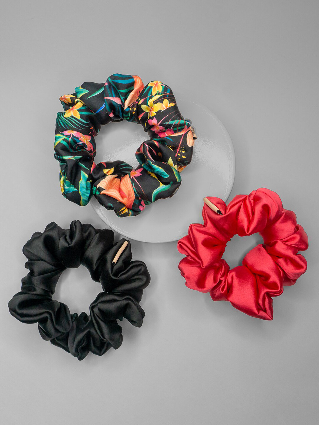 Buy HAIR DRAMA Women Set Of Black Red Satin Scrunchies