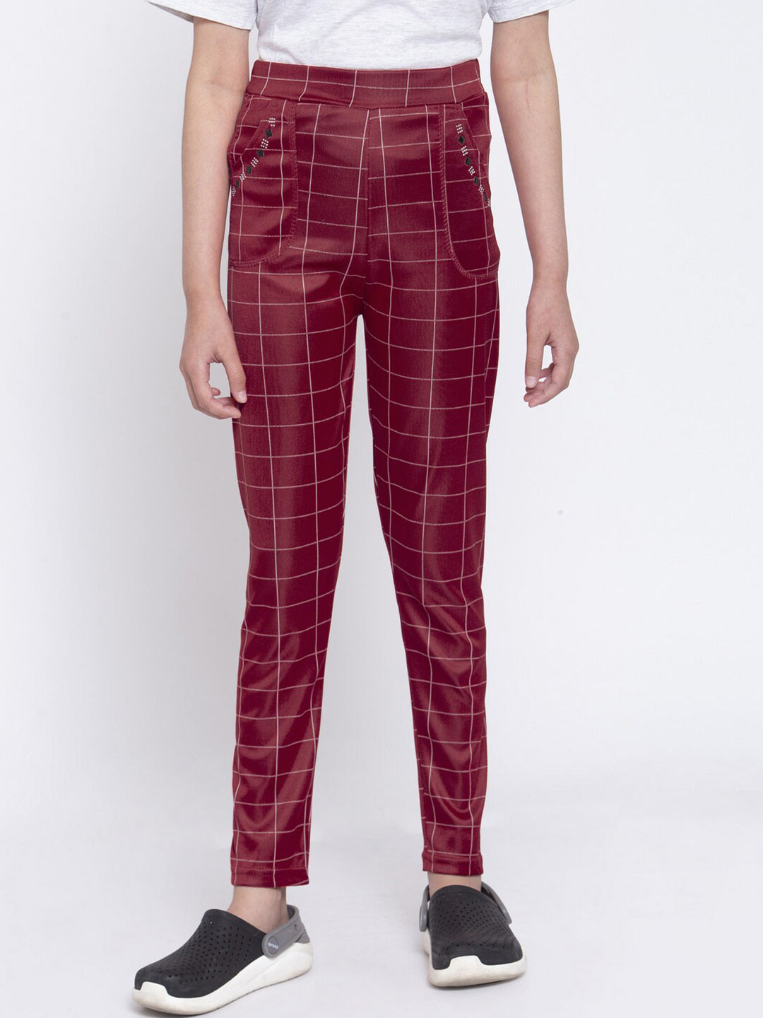 KLOTTHE Girls Maroon Checked Slim-Fit Ankle Length Jeggings
