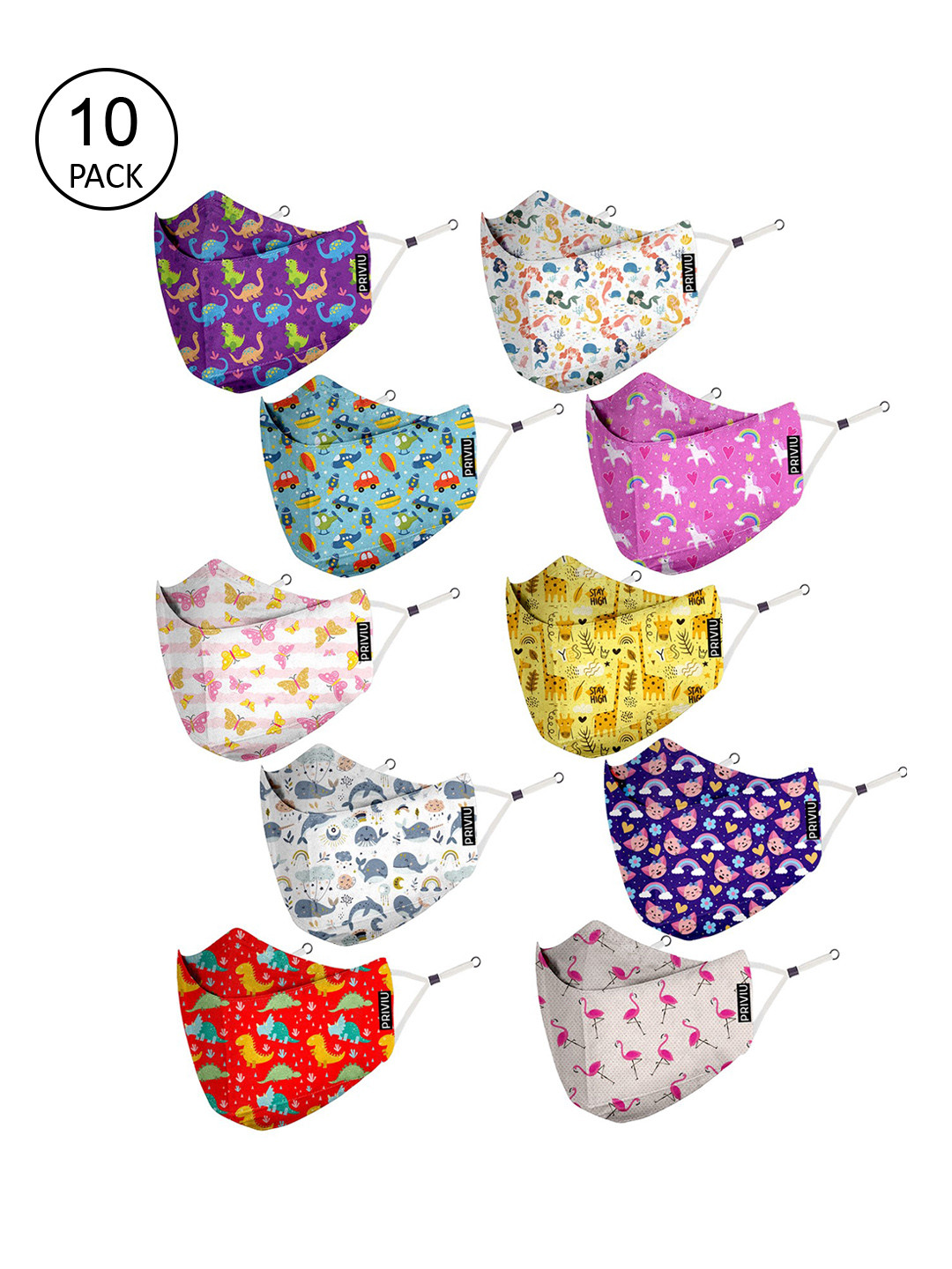 PRIVIU Kids Pack Of 10 Printed Pure Cotton Masks