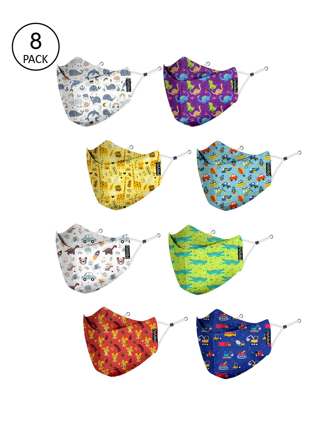 PRIVIU Kids Pack Of 8 Printed 4-Ply Reusable Cloth Mask