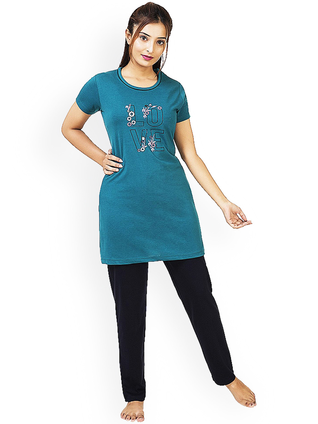 Bell Paper Women Green & Navy Blue Printed Cotton Night suit