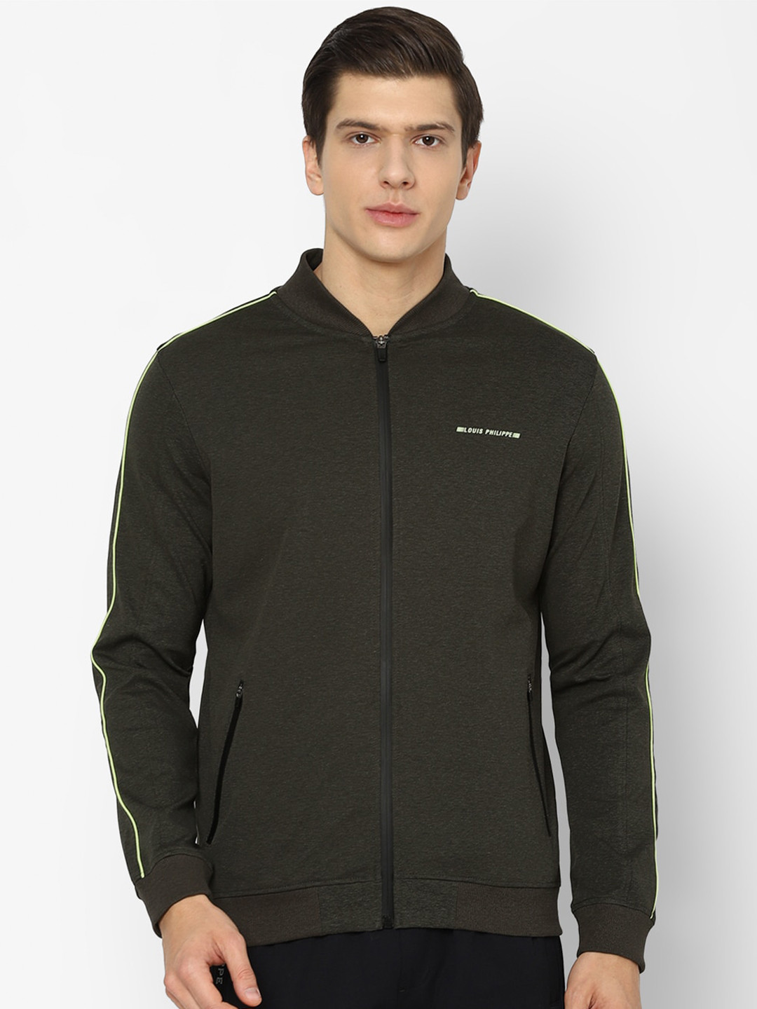 Louis Philippe Men Olive Green Solid Pure Cotton Sweatshirt