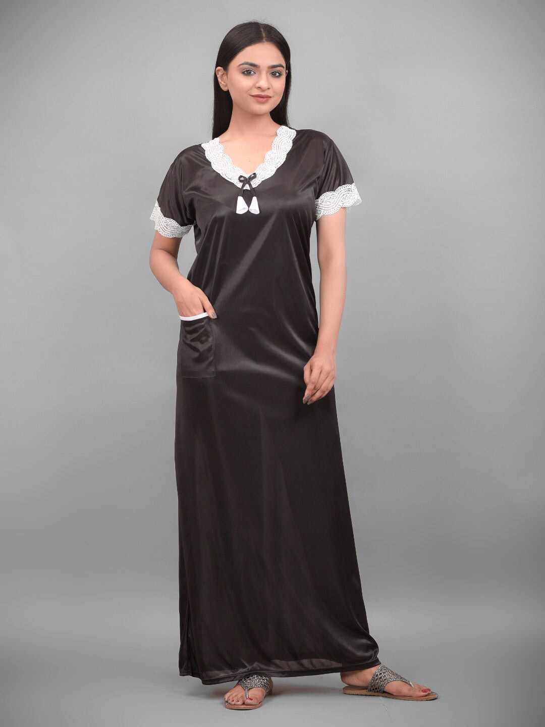 Apratim Black Satin Solid Maxi Nightdress
