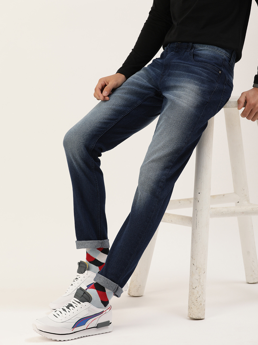 SINGLE Men Blue Slim Fit Heavy Fade Stretchable Jeans